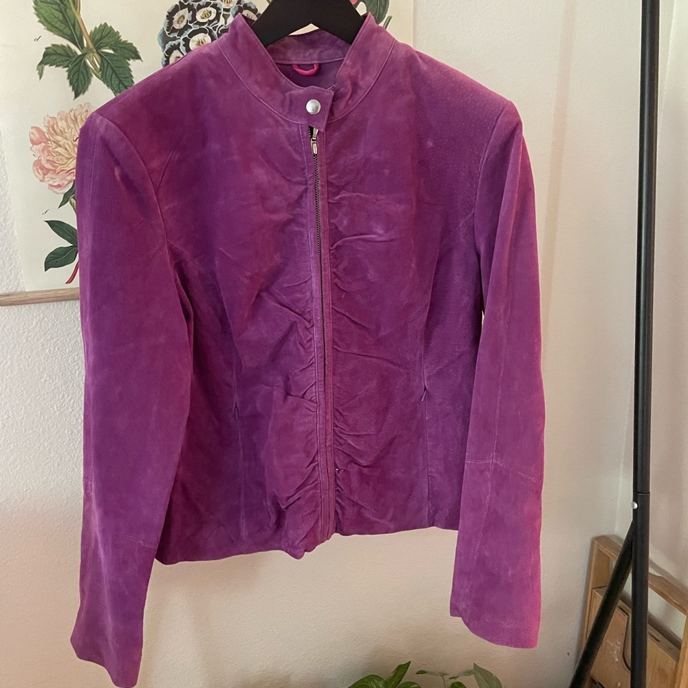 Purple women’s leather jacket with light green liner